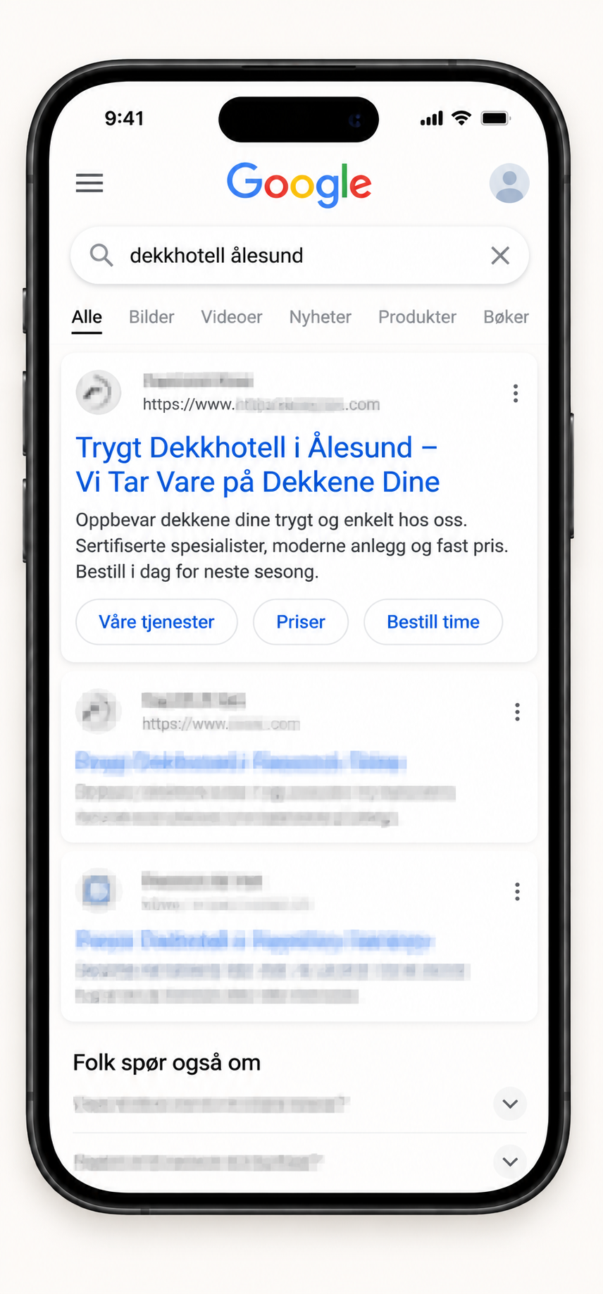 Google-søk med bedriftens annonse øverst i søkeresultatet