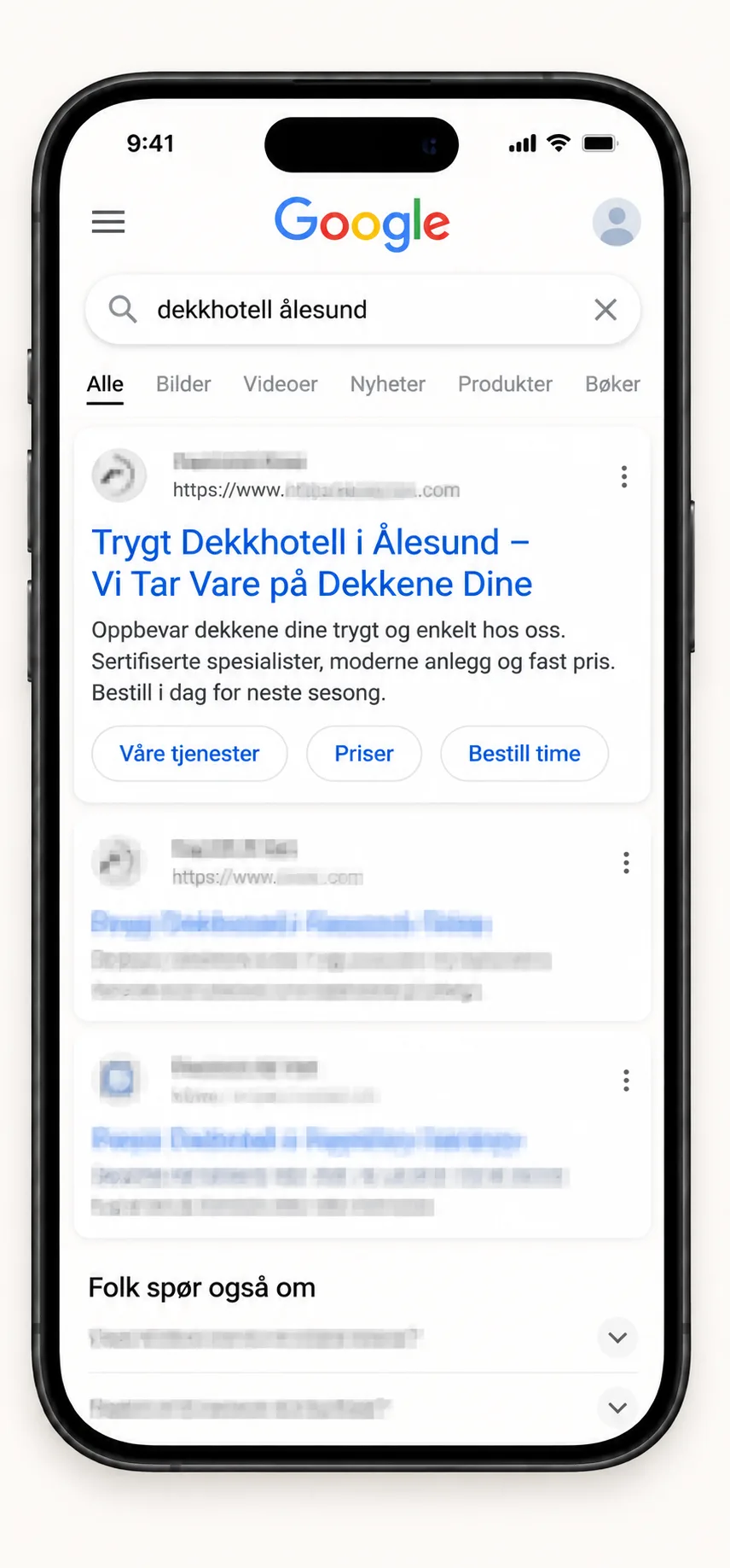 Google-søk med bedriftens annonse øverst i søkeresultatet