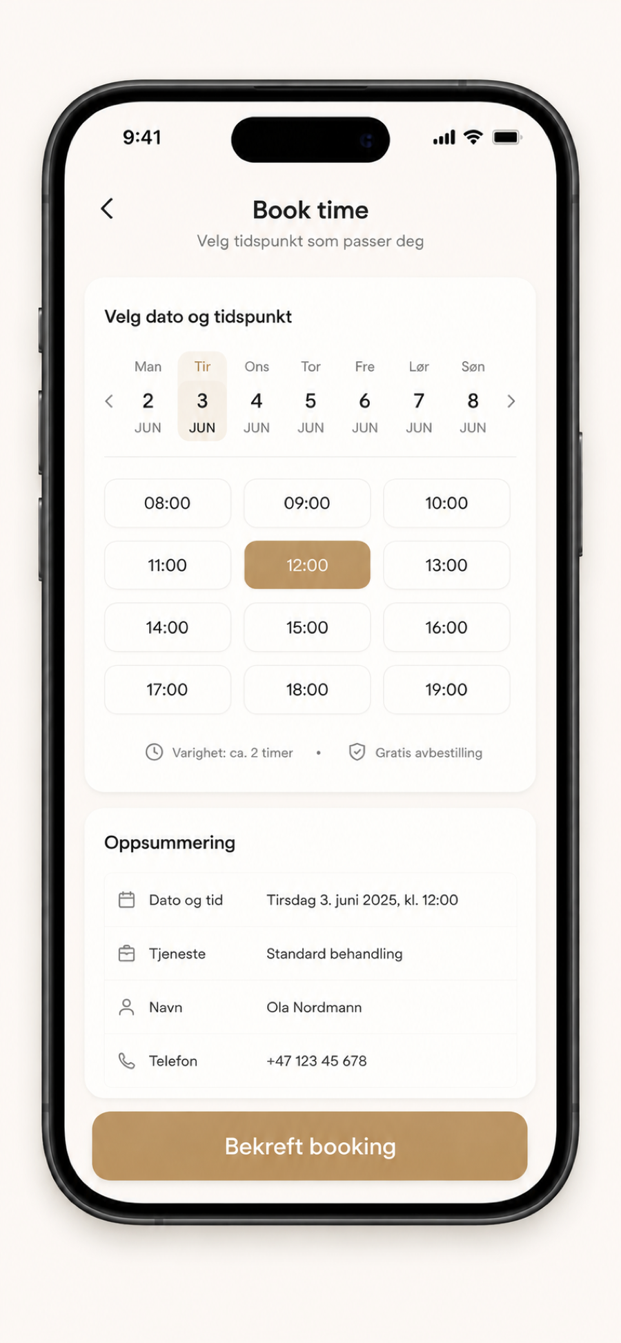 Ascendly booking on mobile with date, time and summary